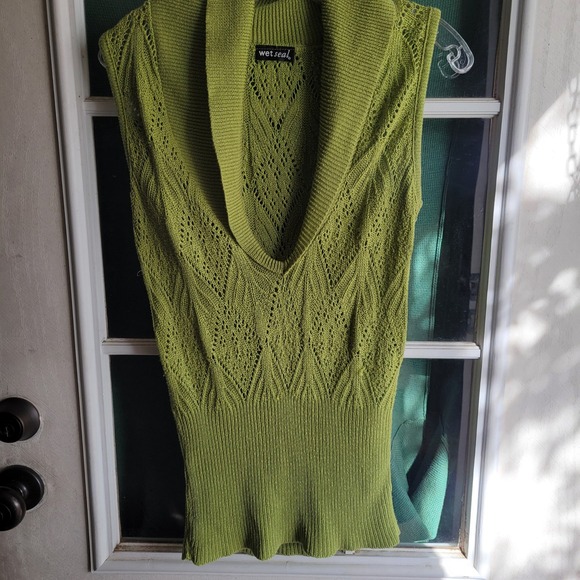 Wet Seal Sweaters - Wet Seal Y2K Lime Green Pointelle Knit Cowl‎ Neck Sweater Vest